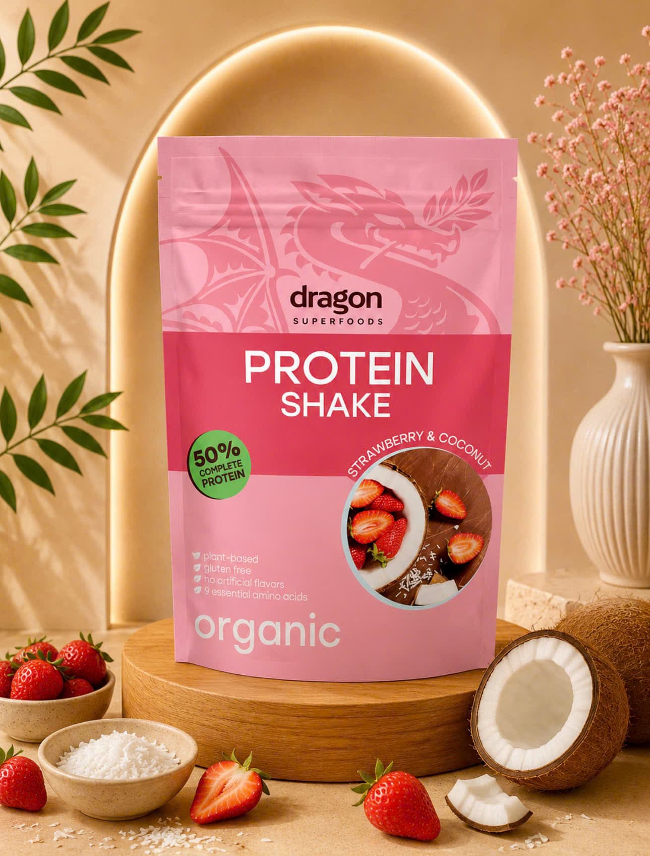 Bột Protein Thực Vật Lắc Dâu Sữa Dừa Hữu Cơ Dragon Superfoods