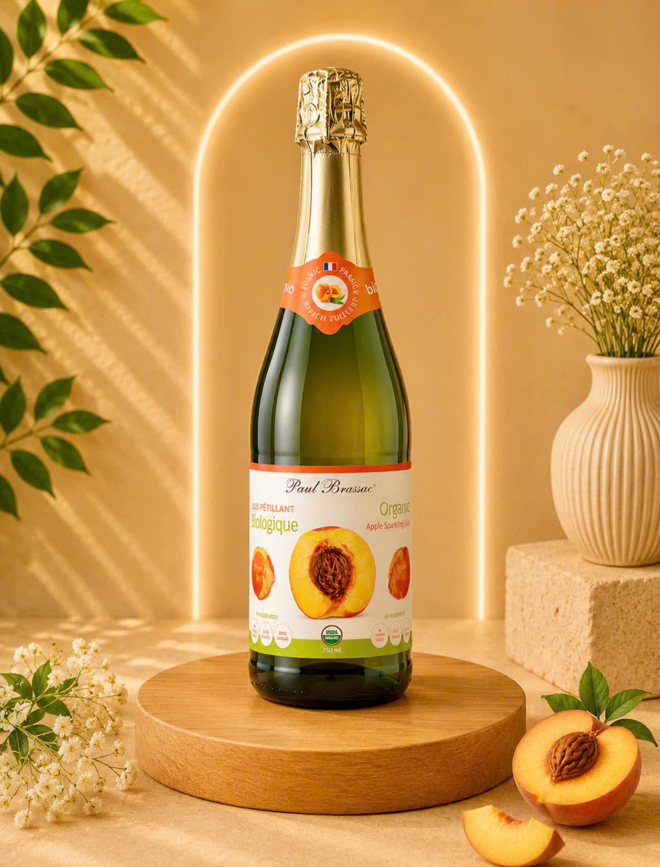 Nước Táo Đào Hữu Cơ Có Ga Paul Brassac 750ml